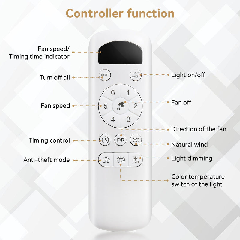 Ceiling Fan With 22W LED Light And Remote Control 6 Speeds Reversible DC Motor For Living Room - White