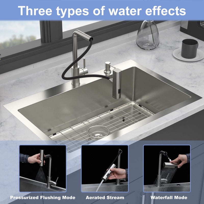 Drop In Kitchen Sink With Pull Down Faucet And Soap Dispenser
