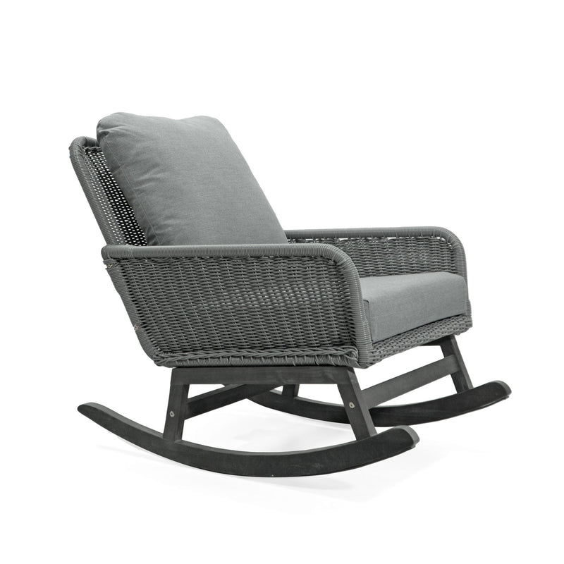 Modern 3 Piece Outdoor Seating Set With Cushioned Rattan Rocking Chairs And Wooden Accent Table