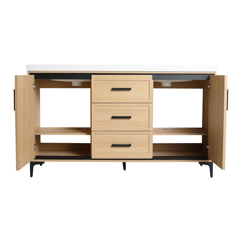Original 60" Freestanding Bathroom Vanity With Double Resin Sink Plywood Soft Closing Doors & Drawers - Oak