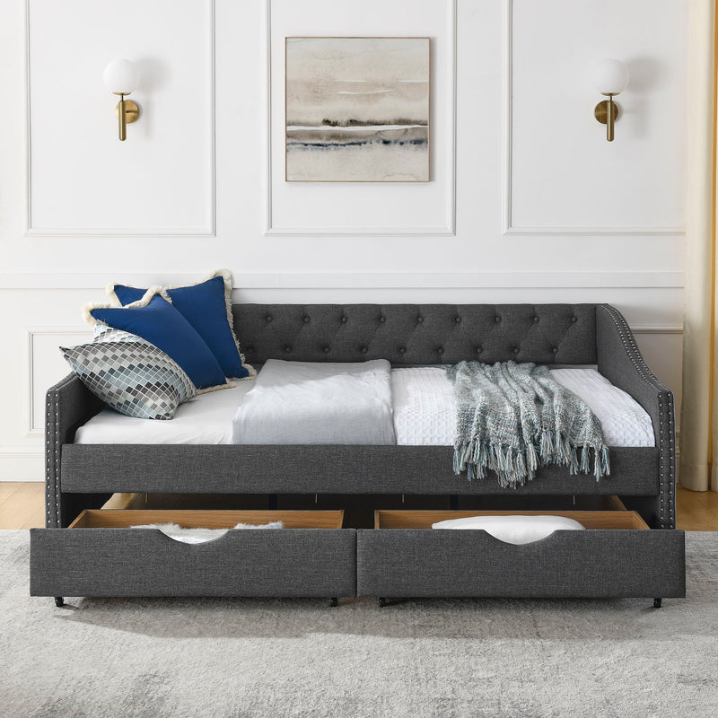 Full Size Upholstered Daybed With Tufted Back And Nail Trimmed Waved Arms - Dark Gray