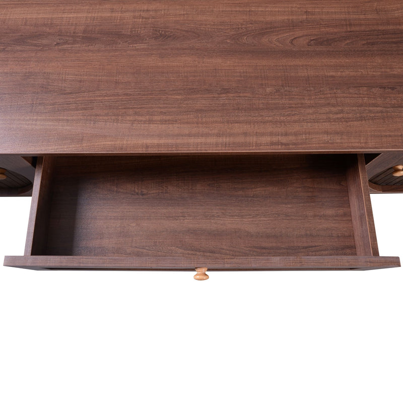TV Stand For TVs Up To 75'', Cabinet With Drawers And Sliding Doors, Living Room Entertainment Console - Natural Wood / Brown