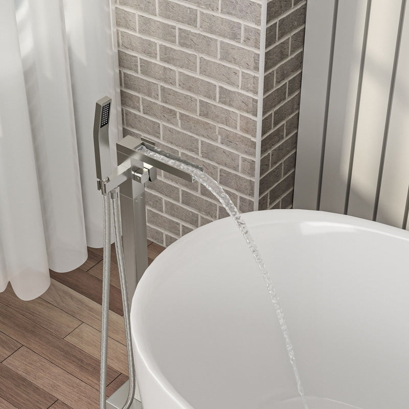 Freestanding Bathtub Faucet Waterfall Tub Filler Floor Mount Solid Brass With Hand Shower - Brushed Nickel