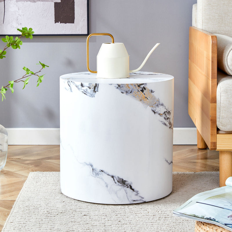 Elegant Cylindrical Table With Patterned Design For Versatile Use - White