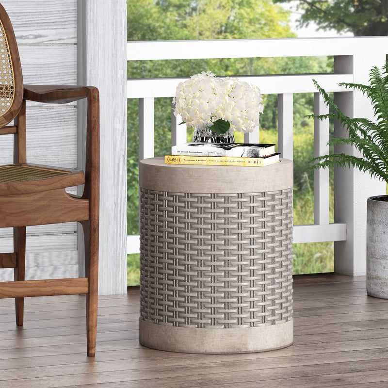 Outdoor Lightweight End Table Round Concrete Outdoor Side Table - Light Gray