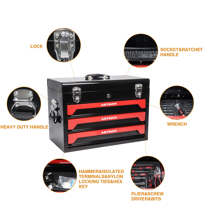 Portable 3 Drawer Steel Toolbox, 4 Layers Of Tools With Metal Latches, With Storage Tray And Carrying Handle