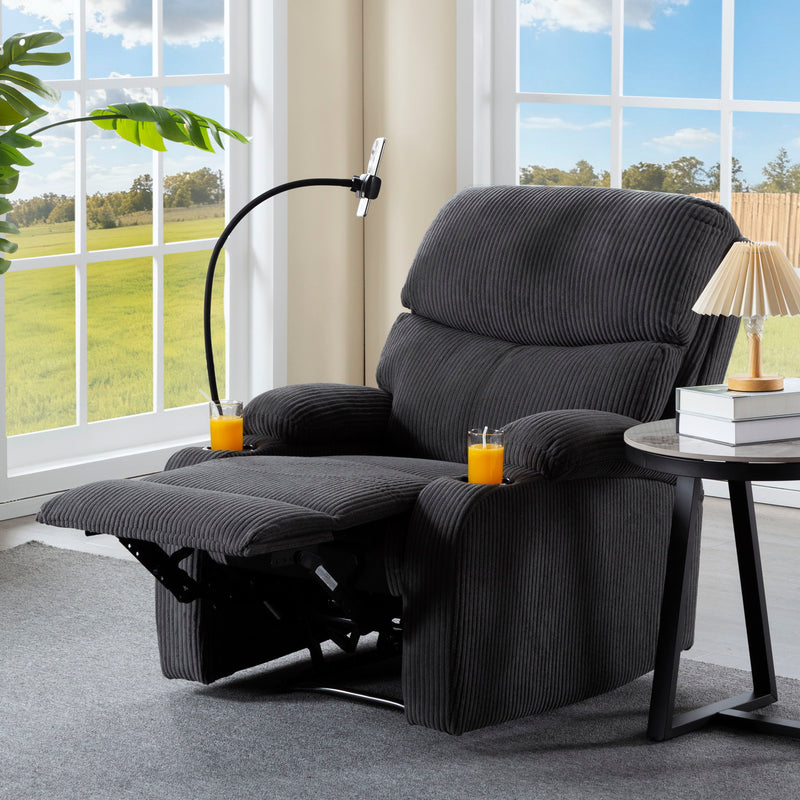 Adjustable Manual Recliner, Ergonomic Lounge Chair With Phone Holder And 2 Cup Holders