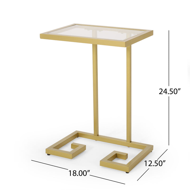 Modern Glam C Shaped End Table With Tempered Glass Top - Gold
