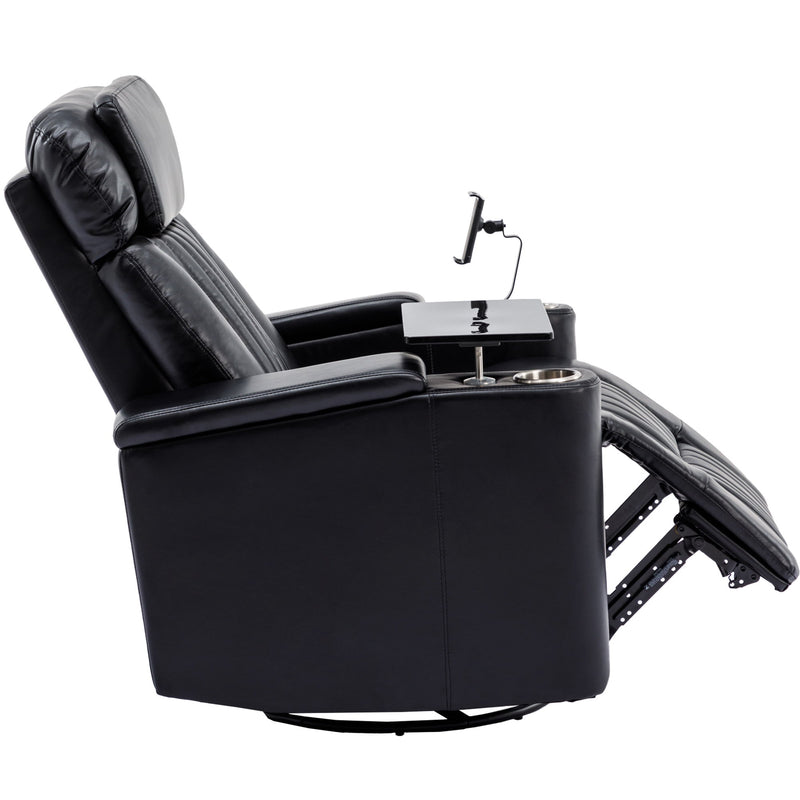 270° Power Swivel Recliner Home Theater Chair With Hidden Arm Storage, LED Light, Cup Holder, And Tray Table