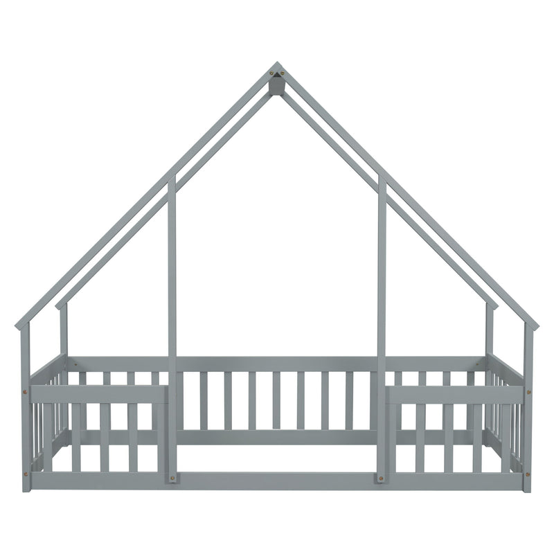 Wood House-Shaped Floor Bed With Fence, Guardrails