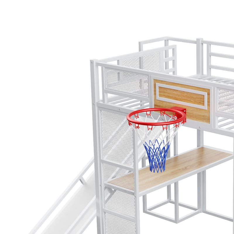 Loft Bed With Built In Desk, Open Wardrobe, Basketball Hoop, Slide And Staircase