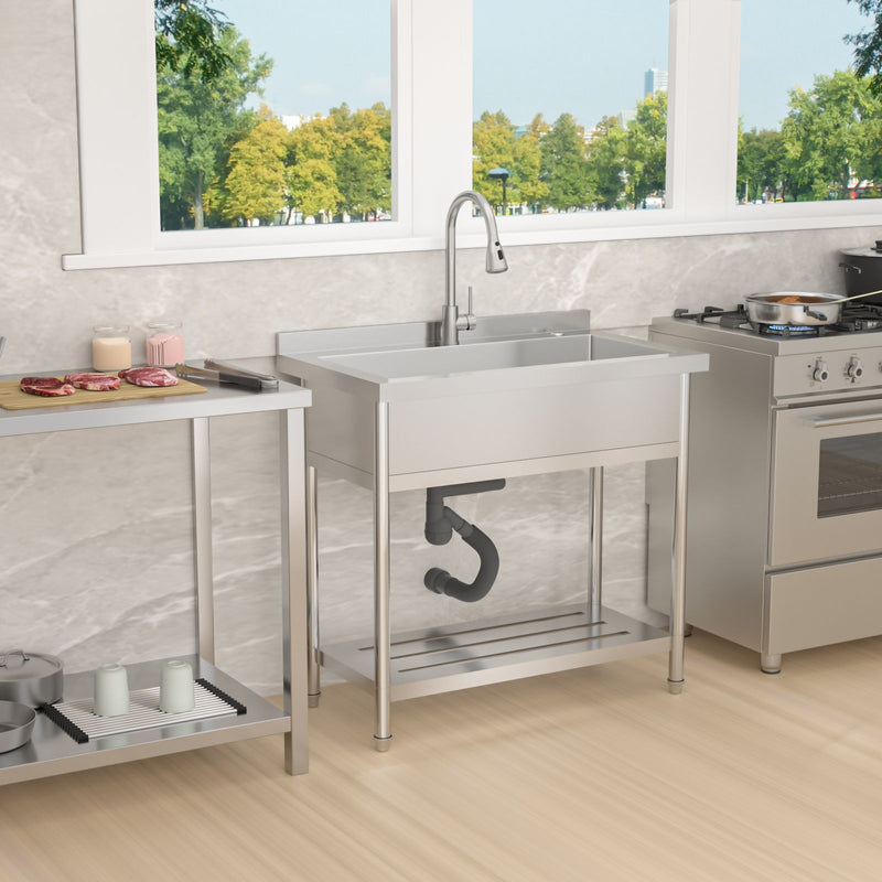 Stainless Steel Freestanding Utility Sink With Pull Out Faucet, Large Single Bowl - Brushed Nickel