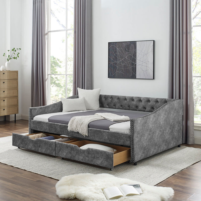 Upholstered Tufted Daybed With Drawers, Waved Arms