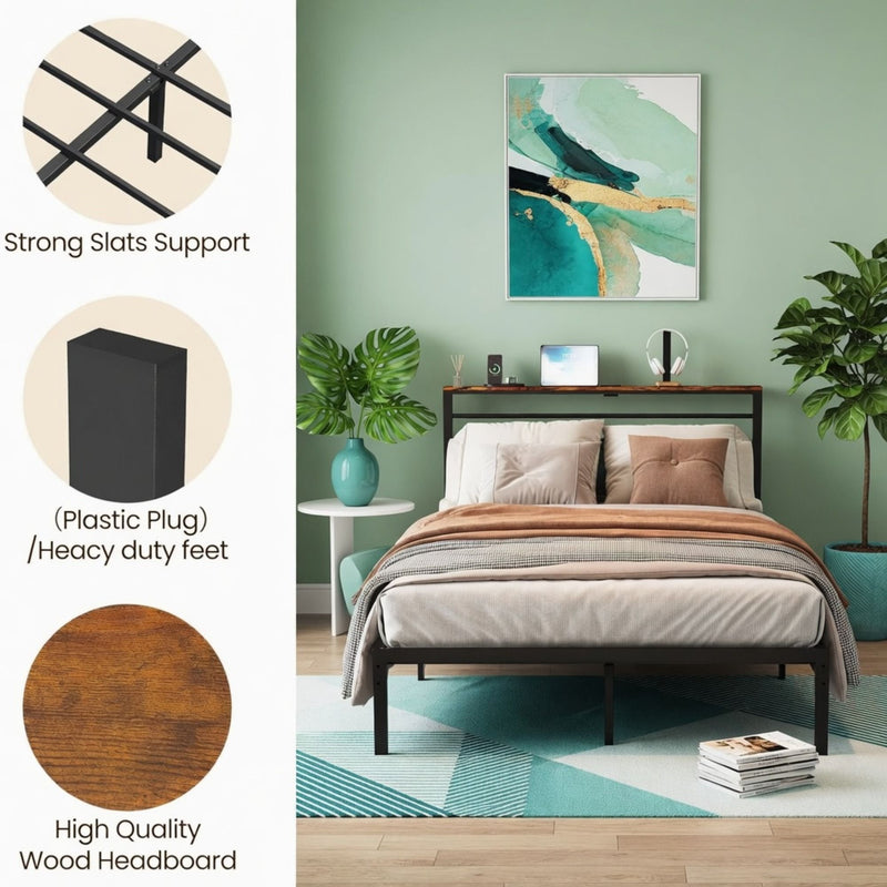 Platform Bed Frame With Charging Station & Headboard Storage