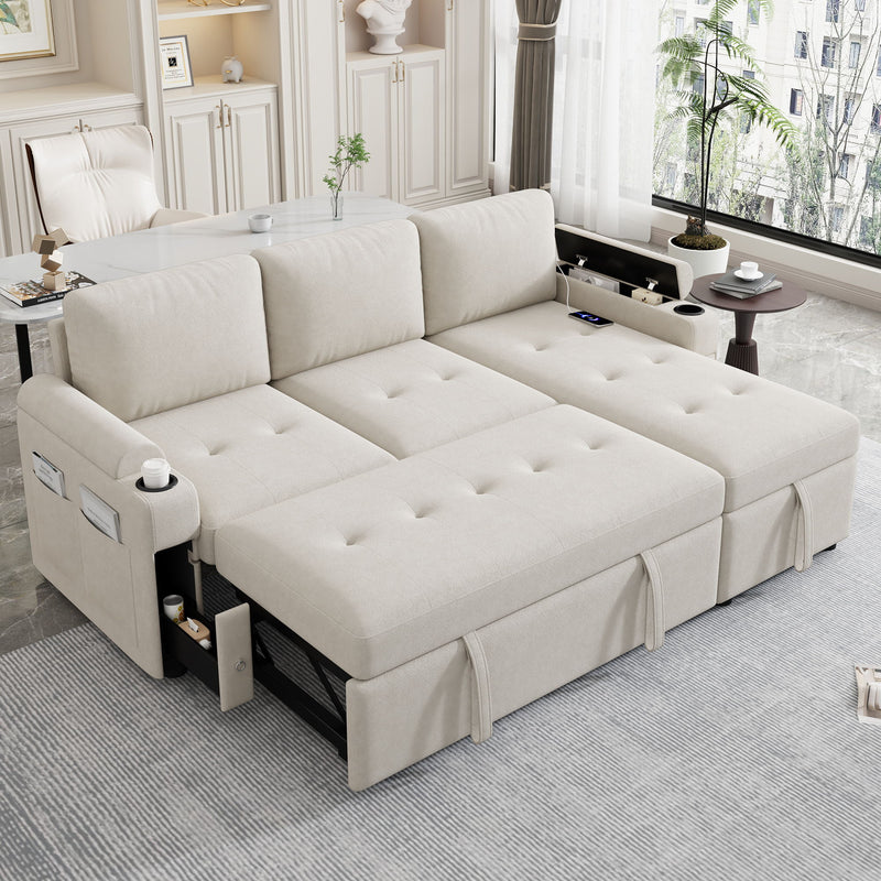 Convertible L Shaped Sofa Couch With Storage, Cup Holders, USB Ports