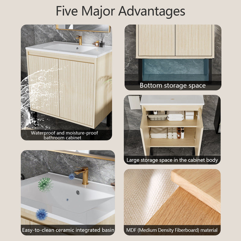 Bathroom Vanity With Ceramic Sink, Floor-Standing Design, Soft-Closing Drawers