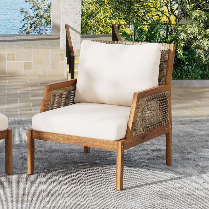 Acacia Wood Patio Furniture Club Chair, Outdoor Wicker Armchair, Deep Seating With Soft Cushions For Porch - Teak / Mix Brown