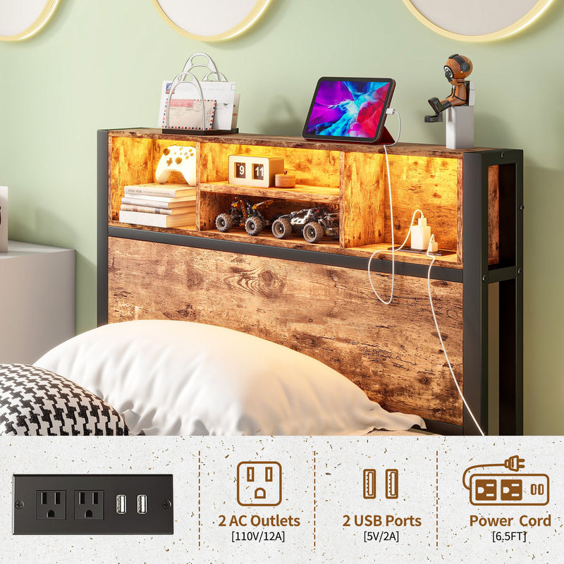 Modern Twin Size Metal Platform Bed Frame With Storage Headboard And Charging Station - Brown