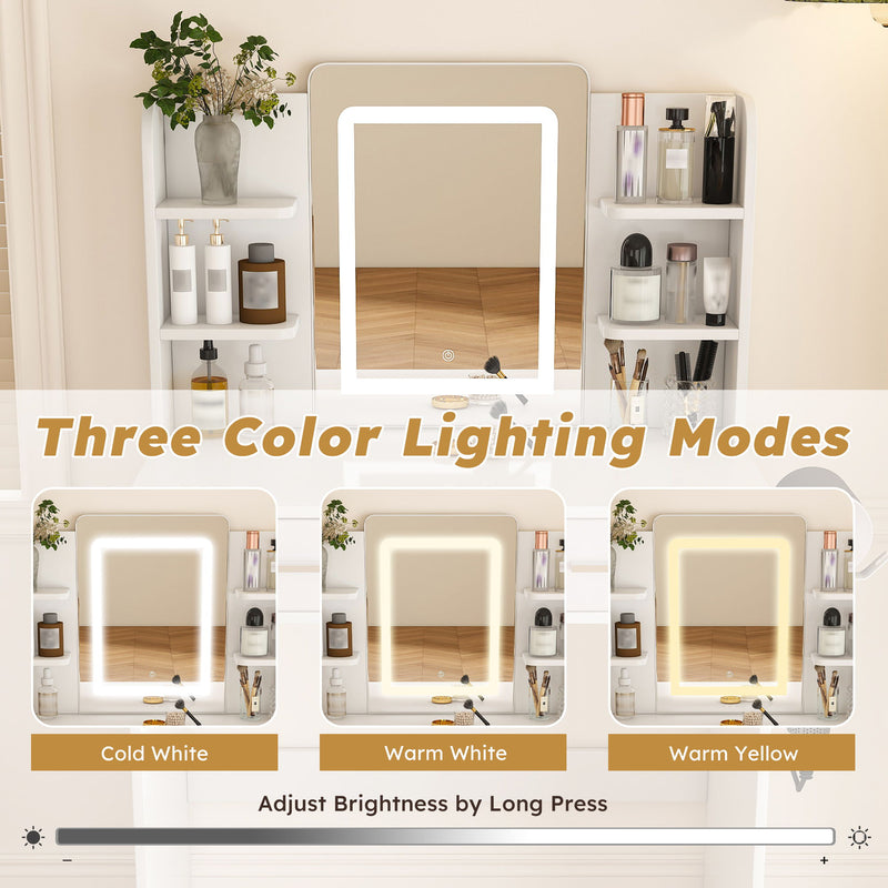 Elegant LED Mirror Vanity Dressing Table With Adjustable Lights, Drawers & Storage - White
