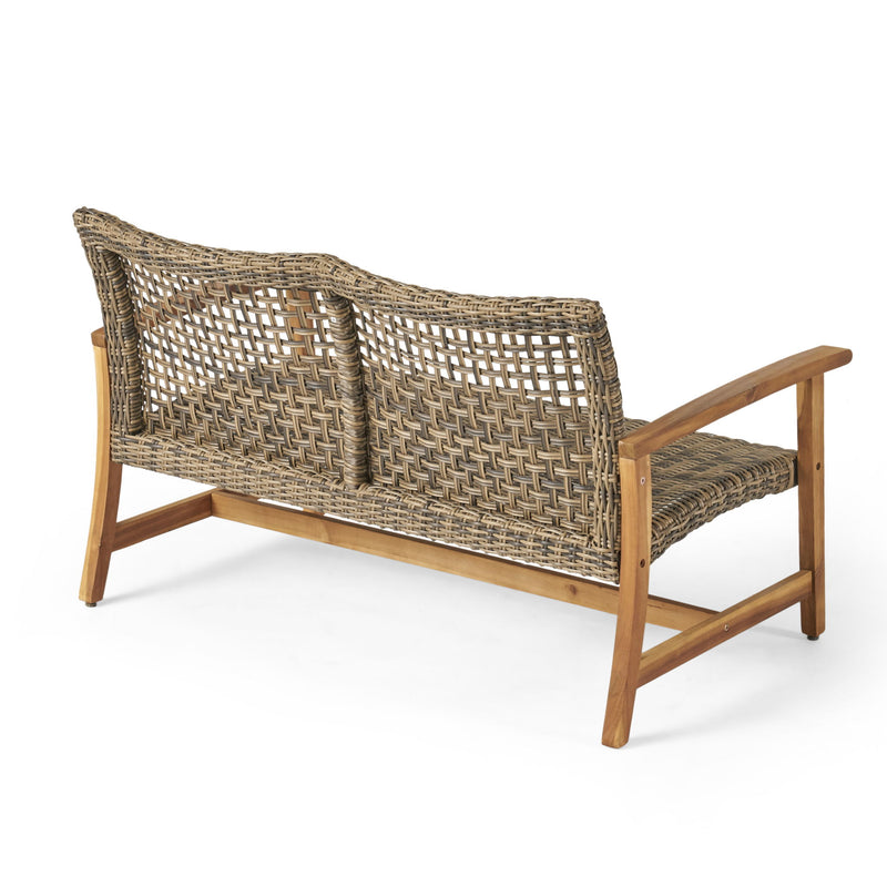 Outdoor Rattan Loveseat With Wooden Legs - Natural / Gray