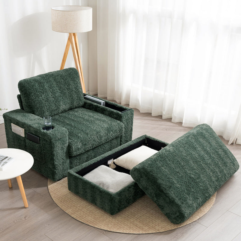 Oversized Chaise Lounge Indoor Rabbit Fur Sofa Bed With Storage Ottoman And Armrests Cup Holders With Deep Seat