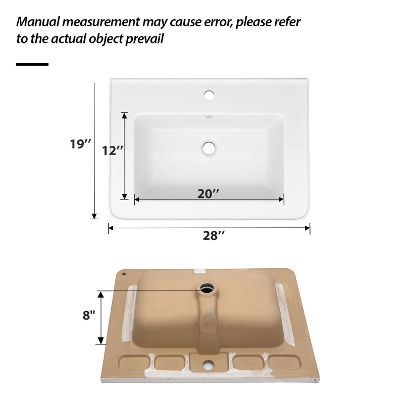 Rectangular Single Vanity Top With 1 Faucet Hole And Overflow, 28 X 19" - White