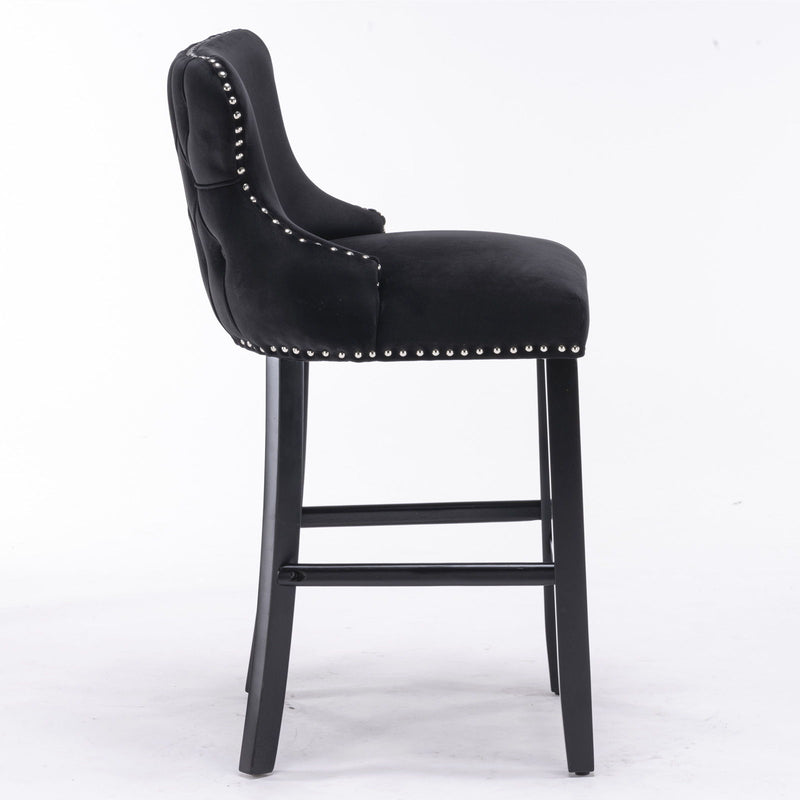 Contemporary Upholstered Wing-Back Barstools With Button Tufted Decoration And Wooden Legs, And Nailhead Trim, Leisure Style Bar Chairs, Bar Stools (Set of 2)