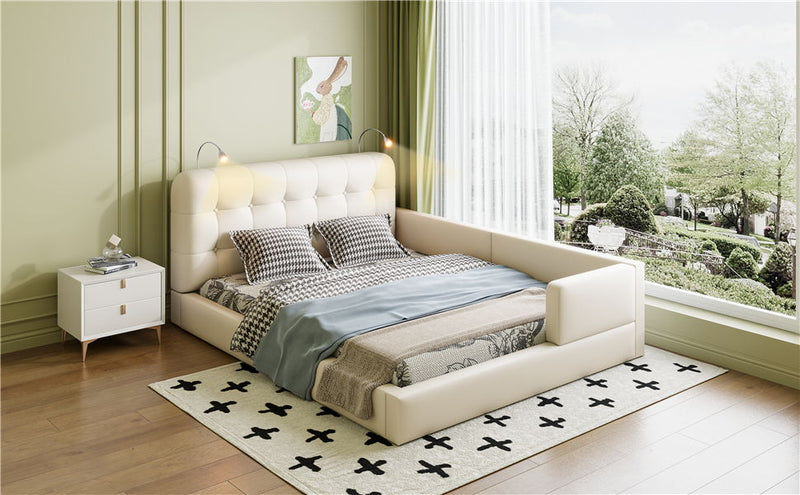 Queen Size Upholstered Platform Bed With 2 Reading Lights - White