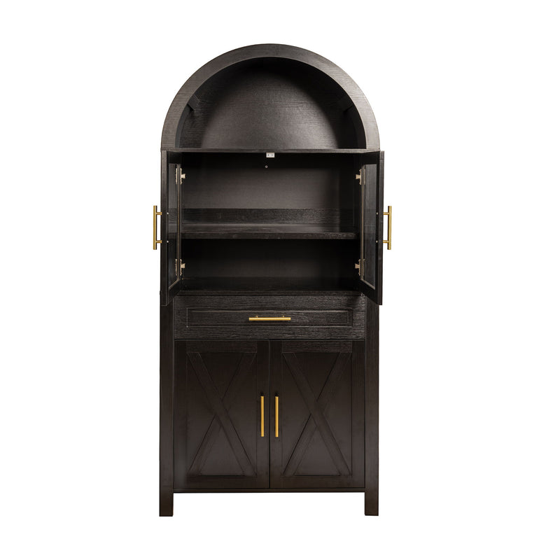 Arched Kitchen Pantry Cabinet With Adjustable Shelves & Barn Door Design