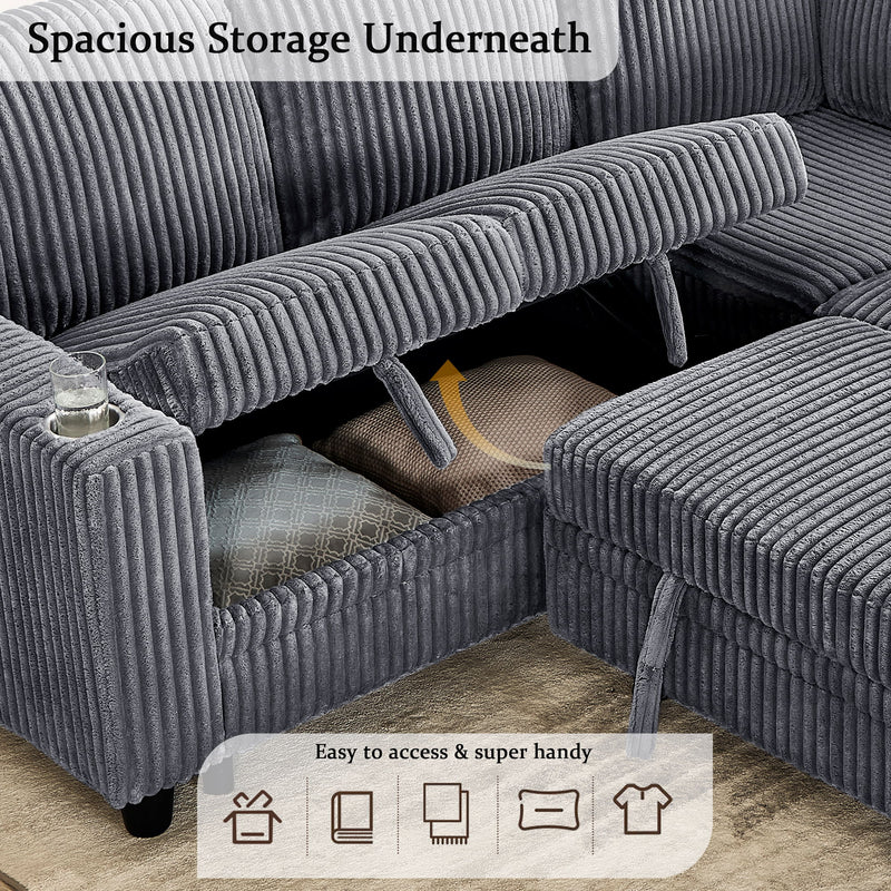 L-Shaped Sectional Sofa Bed With Pull Out Bed & Storage, 5 Seat Sleeper Couch With USB Charging For Living Room - Gray