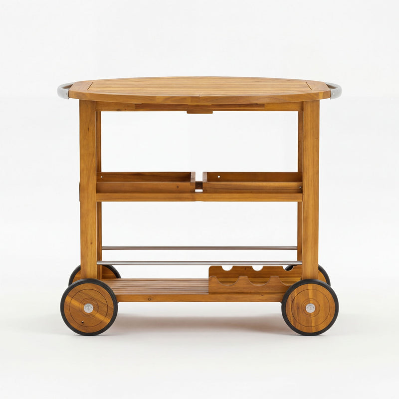 Outdoor Bar Cart With Foldable Tabletop & Removable Trays - Teak
