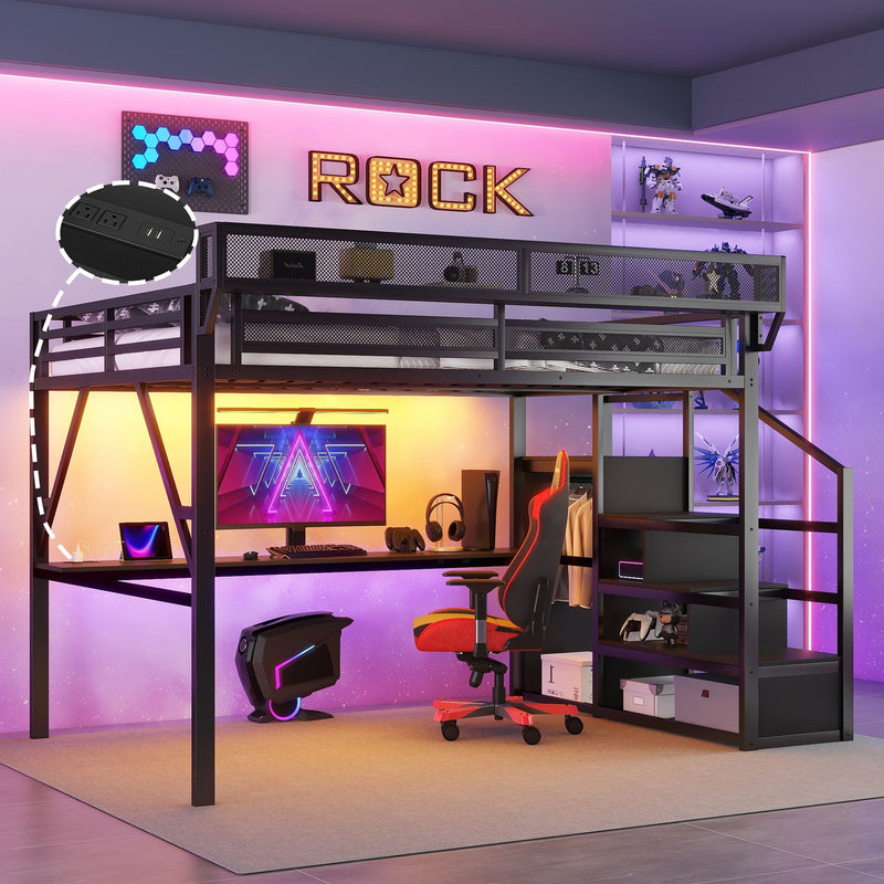 Loft Bed With Desk And Charging Station With Stairs And Light