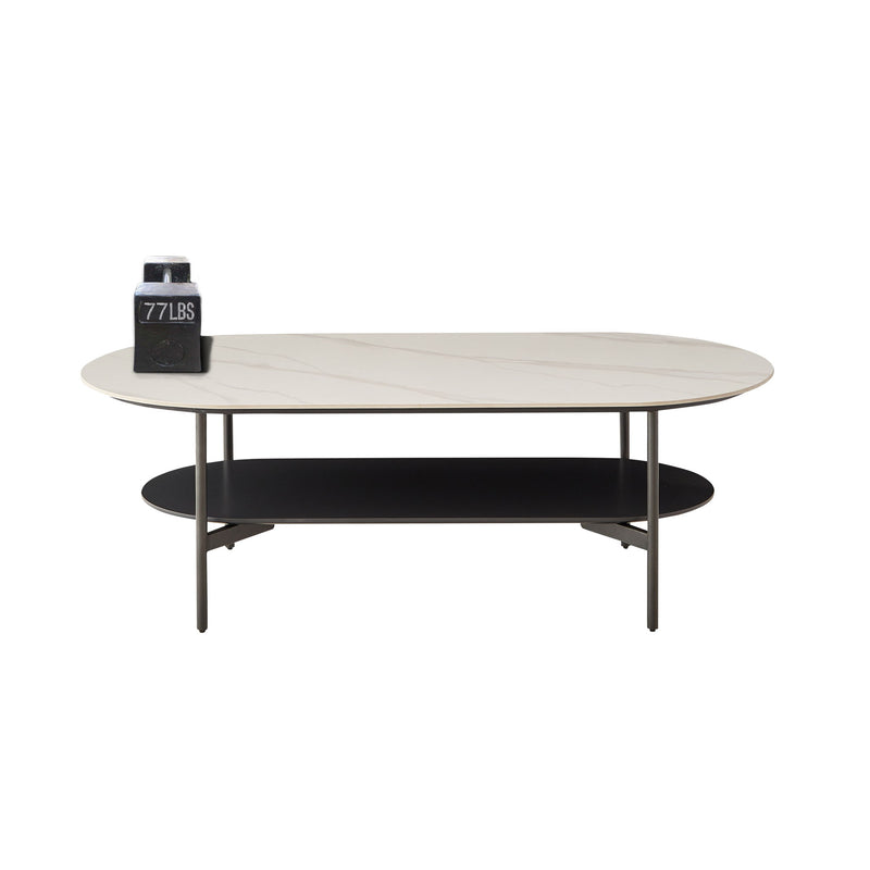 Contemporary Coffee Table Sintered Stone Surface With Ceramic Finish Double Layer Design Base Matte Shelf Modern Living Room Center Table - White / Gray