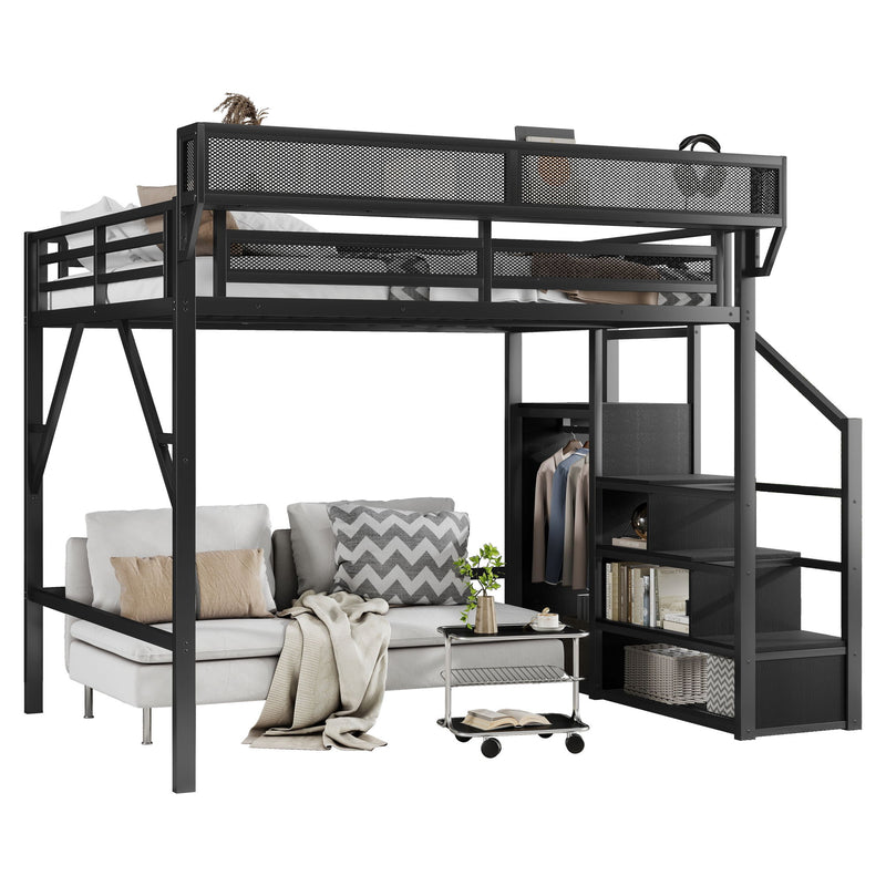 Queen Size Loft Bed With Stairs, Storage Shelves, Wardrobe - Black
