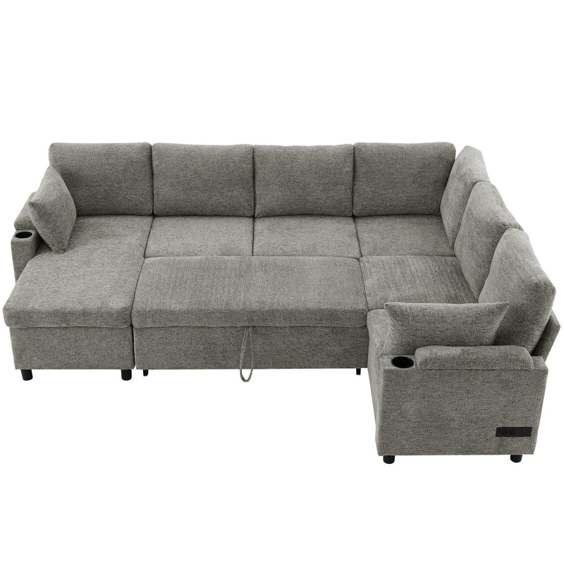 U-Shaped Sectional Sleeper Sofa With Ample Storage Space, 2 Cup Holders And Charging Ports For Living Room