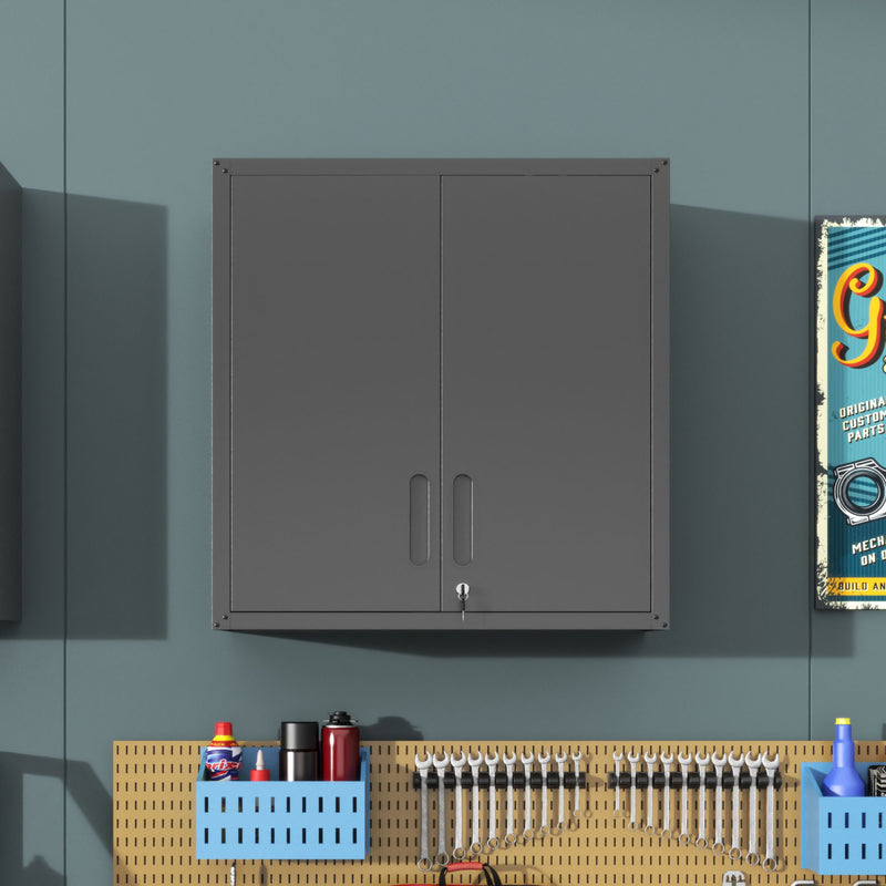 Metal Wall Mounted Tool Storage Cabinet With 2 Locking Doors, Adjustable Shelf, And Drawer