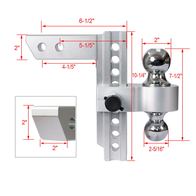 Alu - Adjustable Trailer Drop Hitch 2" Receiver 8" Adjustable - Silver