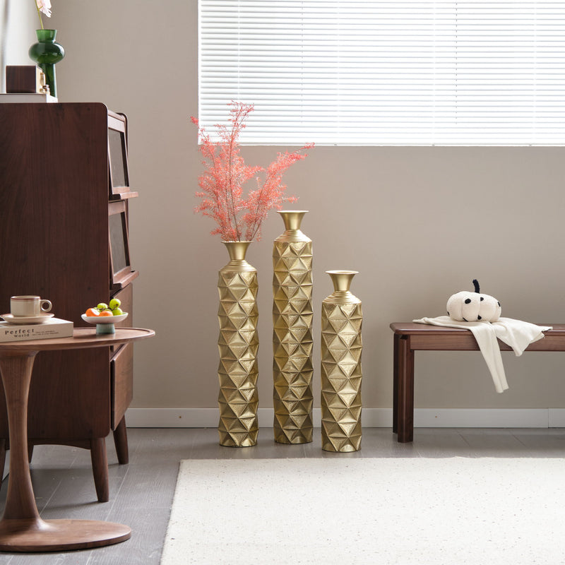 Metal Decorative Vase High Distress Metal Center Vase With 3D Triangle Pattern, (Set of 3) Vases For Home Decoration - Gold