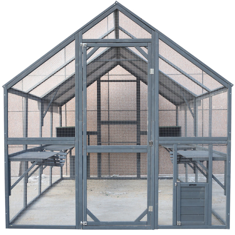 Spacious Wooden Cat Catio Outdoor Kitty House With Bridges And Roof Cover - Gray