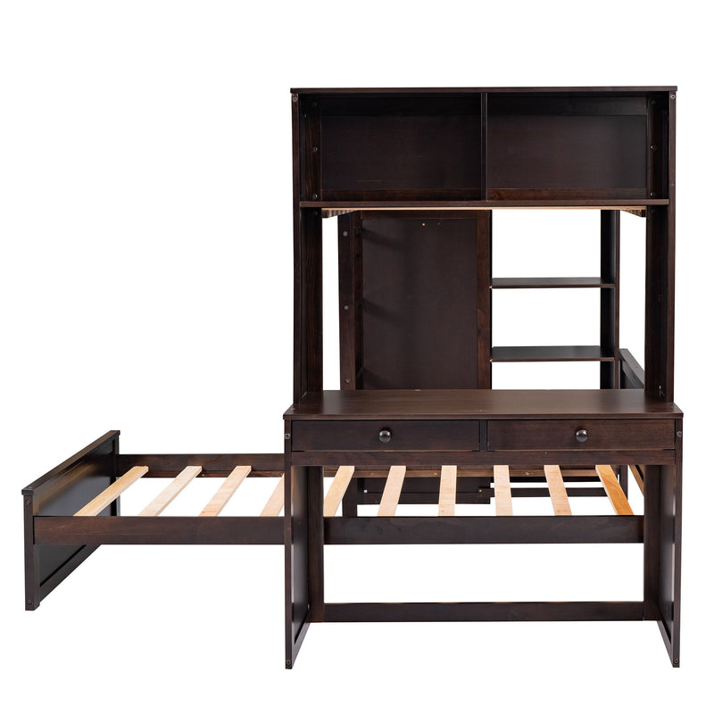 Loft Bed With A Stand Alone Bed, Shelves, Desk, And Wardrobe