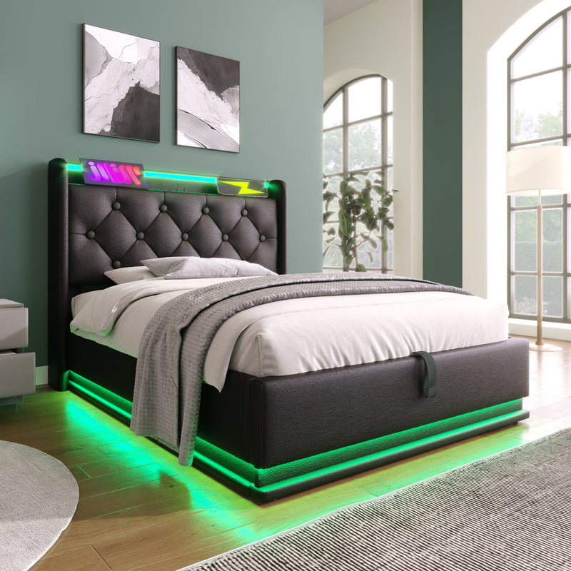 Upholstered Bed, 360 Surround LED Function, Remote Control, Hydraulic Storage Bed With USB, Type-C Charging (Without Mattress)
