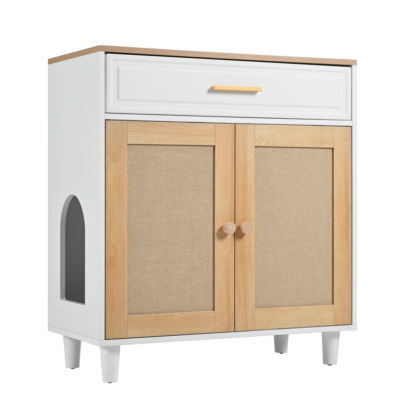 Pet Friendly Furniture Style Cat Litter Box House With Sisal Scratching Door And Charging Socket - Beige / White