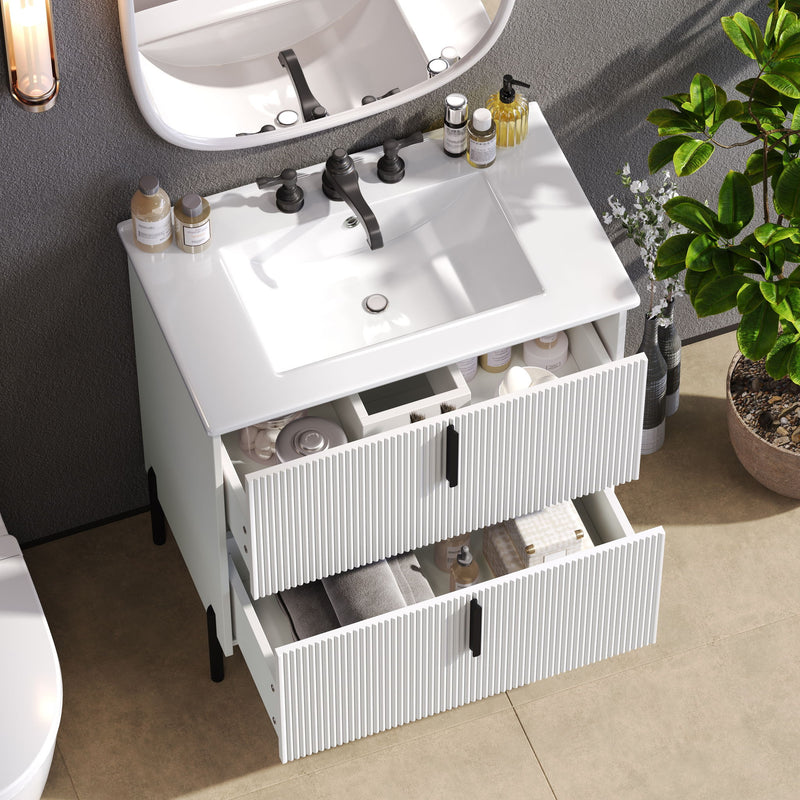 Bathroom Vanity With Ceramic Sink, Fluted Design