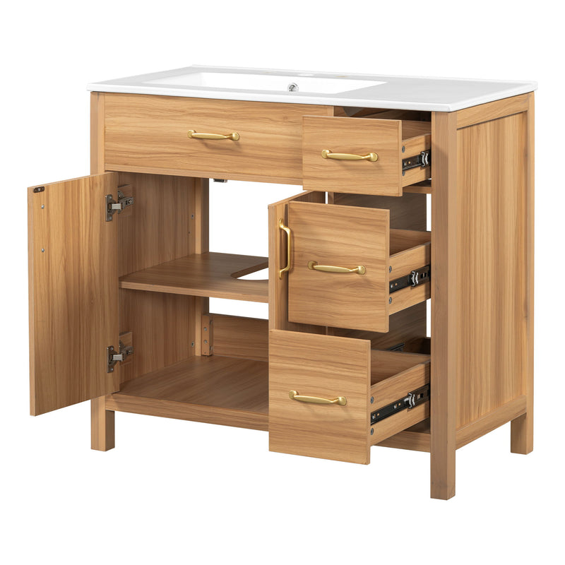 Bathroom Vanity, 2 Soft Close Doors, 3 Soft Close Drawers, Adjustable Shelf - Wood