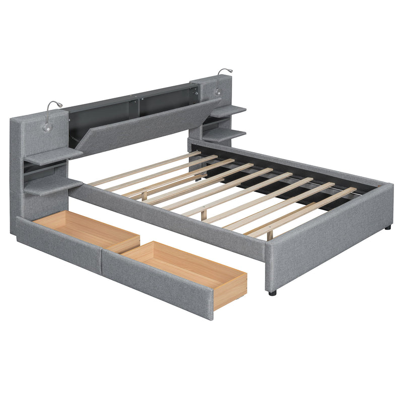 Upholstered Platform Bed With Reading Lights, Drawers, Trundle And Shelves