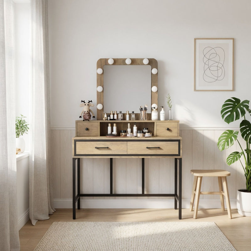 Vanity Desk With 3 Color Lighted Mirror And 4 Drawers