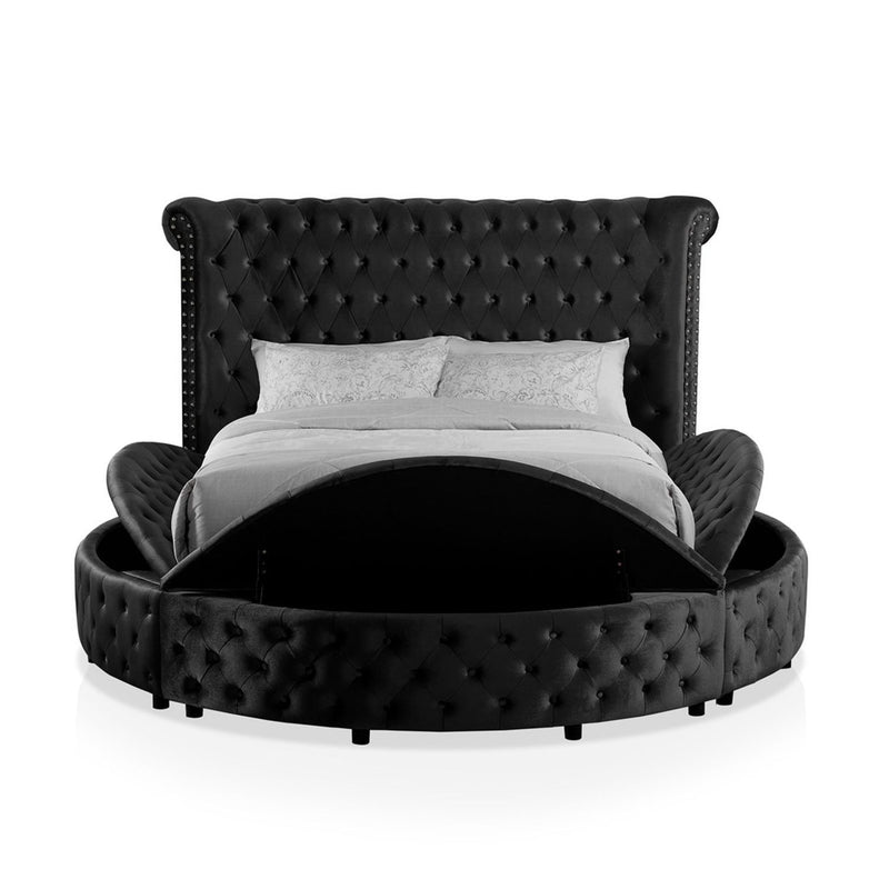 Glam Button Tufted Wingback Round Bed With Storage And USB Ports