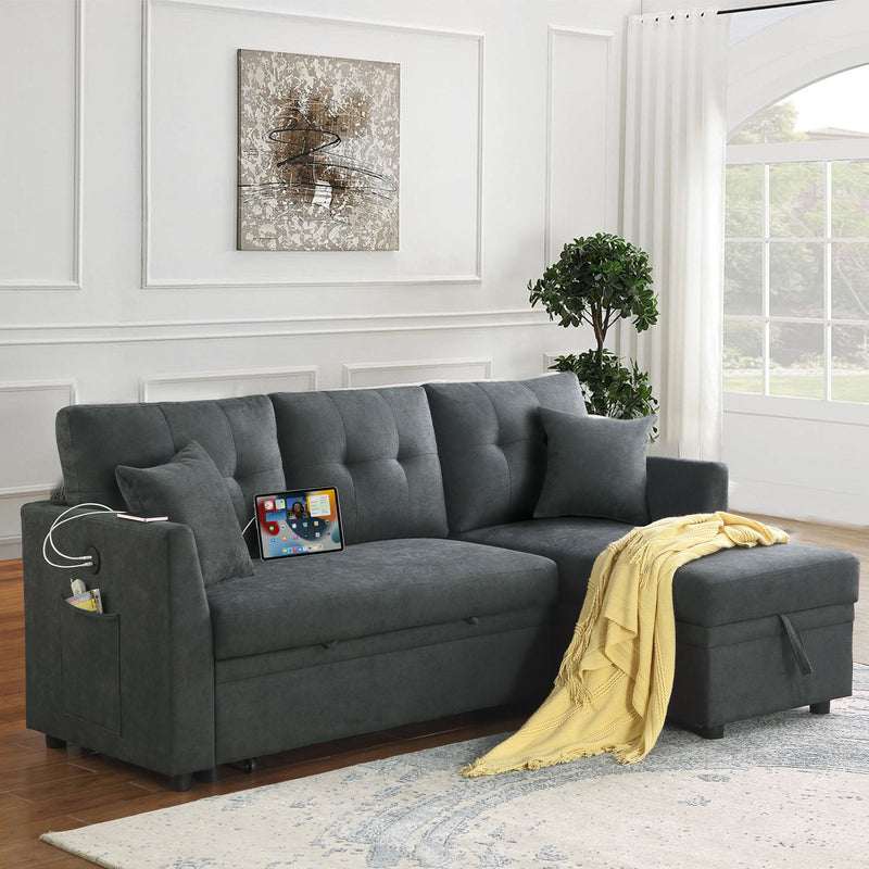 Sectional Sofa Bed L Shaped Sofa Couch Bed With USB Port, Reversible Chaise With Storage