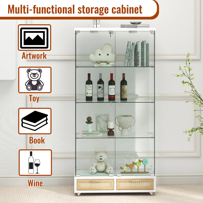Glass Display Cabinet With LED Lights, Tempered Glass Doors, Large Drawers, 2 Door Storage Case With 4 Shelves - Natural / White