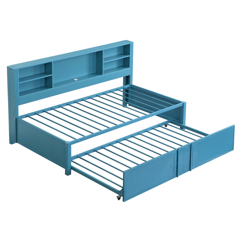 Industrial Metal Daybed With Trundle, Storage Shelves, USB Ports
